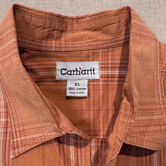 Carhartt Men’s XL Plaid Button-Up Shirt 100% Cotton Rust Orange Check Workwear - Picture 2 of 5